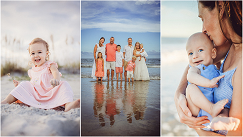 Lyndi Leary Photography. 3 photos. one of a baby and family on the beach, mother holding baby