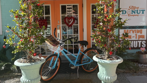 Alljoy Bike & Beach Rentals. A blue bike with a basket