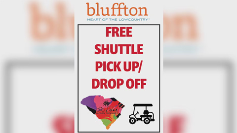 Free Shuttle Service Launches in Bluffton. a graphic that says bluffton free shuttle pick up/drop off